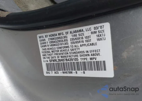 2007 Honda Odyssey Ex z USA, uszkodzony, nr VIN 5FNRL38407B439105